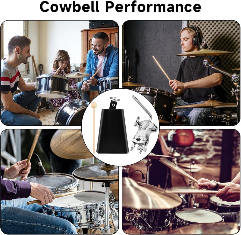 BALLMENT 7 Inch Cowbell with L-Rod Clamp Set, Cowbell for Drum Set, Adjustable Mount Bracket, Black Steel Cow Bell for Drum Sets, Percussion Instrument, Sports, Bands, Includes Stick - Image 5